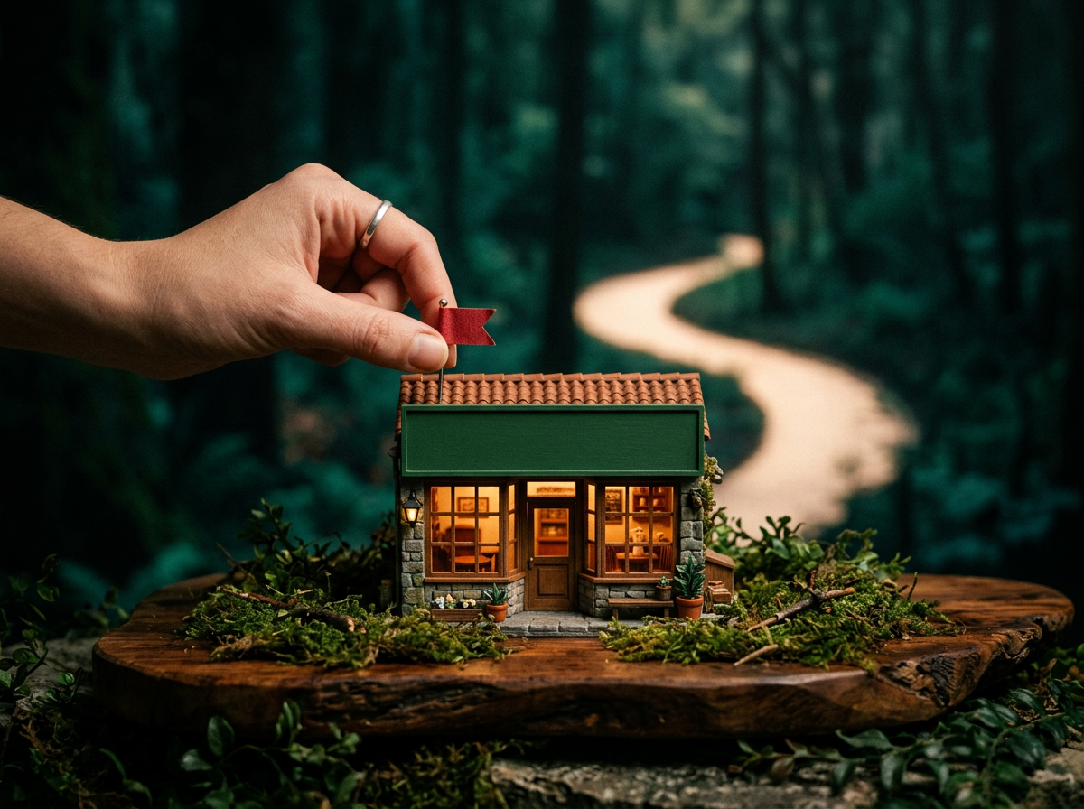 Illustration générée : une main plante un petit drapeau rouge sur une boutique miniature en forêt