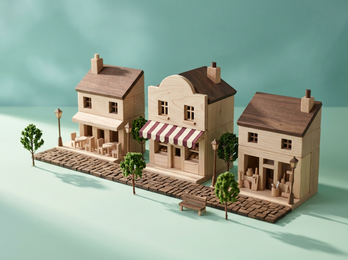 Illustration générée : trois maisons miniatures en bois le long d’une allée pavée